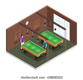 Colored 3d isometric game club interior composition room with pool table and players vector illustration