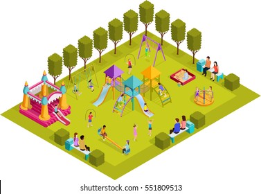 Colored 3d Isometric Kids Playground With Layout With Placed In The Park Art Objects And Gaming Complexes Vector Illustration