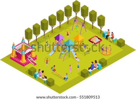 Colored 3d isometric kids playground with layout with placed in the park art objects and gaming complexes vector illustration