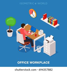 Colored 3d isometric office workplace vector concept illustration. Work table composition plus collection of isometric objects: table, chair, books, laptop, trash bin, folders, papers, printer