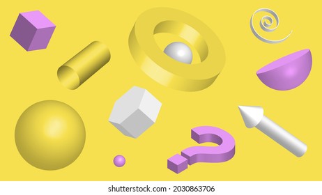 Colored 3D minimalistic shapes on yellow background.  Vector 3d background for your design. Abstract vector illustration. EPS10