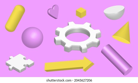 Formas minimalistas 3D de color sobre fondo violeta.  Fondo vectorial 3d para su diseño. Ilustración del vector abstracto. EPS10