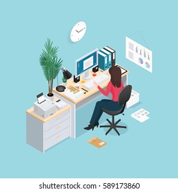 Colored 3d Office Workplace Isometric Composition With Woman Sitting At A Computer Vector Illustration