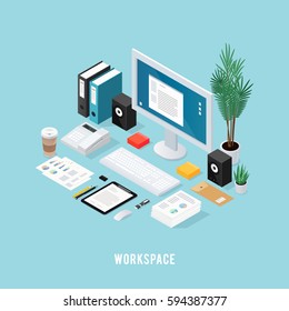 Colored 3d office workspace isometric composition with neatly folded tools on table vector illustration