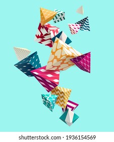 Colored 3D patterned pyramids on blue background. Abstract vector illustration.