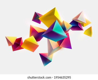 Colored 3D patterned pyramids on dark background. Abstract vector illustration.