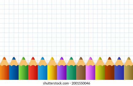Lápices de colores 3d sobre el fondo de una libreta. Fondo para colocar texto. Hoja blanca a cuadros. Ilustración vectorial.