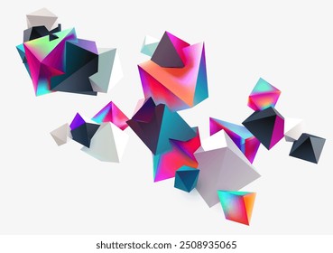 Pirâmides 3D coloridas. Fundo abstrato de formas geométricas iridescentes voadoras.