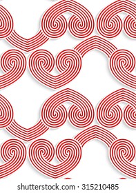 Colored 3D red swirly striped hearts.Seamless geometric background. Modern 3D texture. Pattern with realistic shadow and cut out of paper effect.