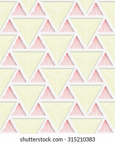 Colored 3D red and yellow striped triangles with grid.Seamless geometric background. Modern 3D texture. Pattern with realistic shadow and cut out of paper effect.