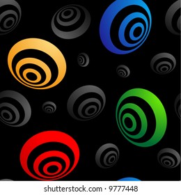 Colored 3D rings on black seamless vector wallpaper (pattern).
