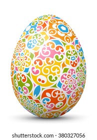 Colored 3D Vector Easter Egg with Beautiful Abstract Pattern. White Egg with Fresh Colorful Artistic Texture - Standing Vertically on White Background. Red, Green, Blue, Orange, Pink and Yellow Color.