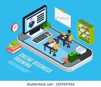 Colored 3d webinar isometric concept with online business training description or headline vector illustration