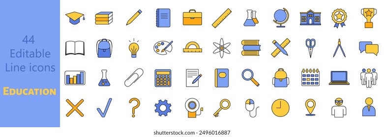Colored 44 Editable vector Line Icons. Education. Back to school, success, academic subjects and more. Editable stroke for your own needs