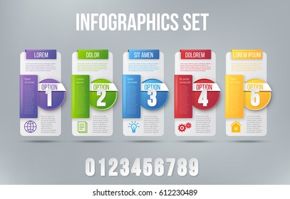 Colored 5 steps card infographic design vector and business marketing icons for workflow, diagram, milestones layout, web design or prints.