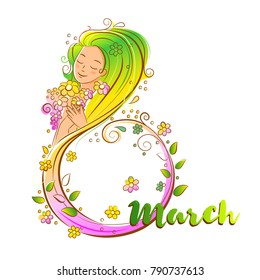 Colored 8 March day concept  isolated on a white background. Woman with text. Vector illustration.