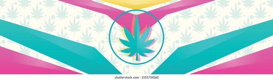 A colored abstract banner with a sheet of marijuana in the center. Vector light background. It can be used in web design.