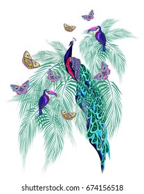 Colored abstract birds, butterflies, vector illustration