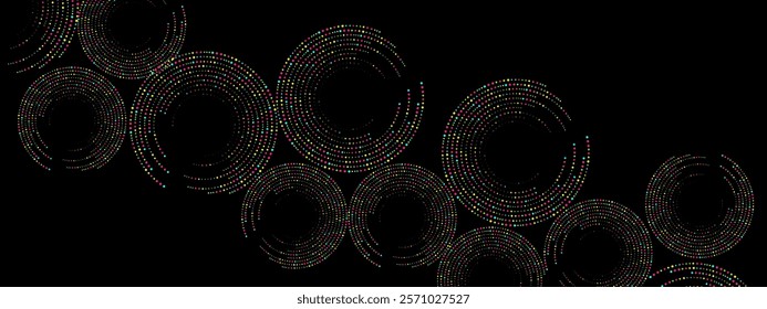 Colored abstract black background of dots. Texture of random particles. Chaotic ornament, mosaic, circular pattern of small dots. Design banners, posters, websites, social media frameworks. Vector