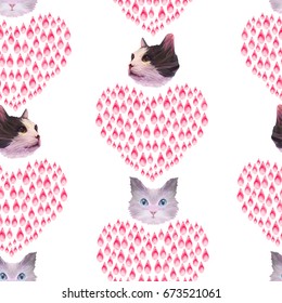 colored abstract cat heads and drops, hearts, seamless pattern, vector illustration, low poly style