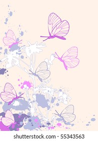 colored abstract floral background with camomiles and butterflies