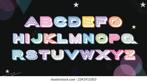 Colored abstract font design isolated on a Black background. Alphabet letters formed by geometric shapes. Brutalism handwritten fonts