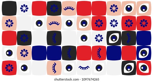 Colored abstract geometric flat pattern background. Geometric vector eyes with  eyelash