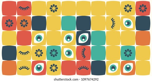 Colored abstract geometric flat pattern background. Geometric vector eyes with  eyelash