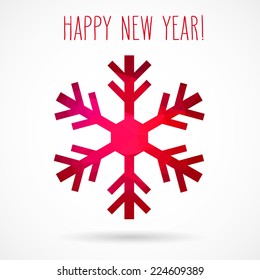 Colored abstract geometric snowflake with dropped shadow and handwritten new year greetings.
