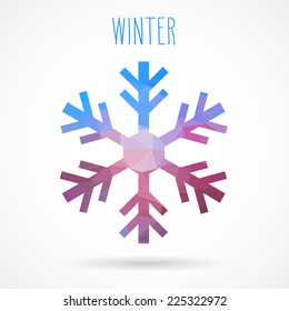 Colored abstract geometric snowflake with dropped shadow and handwritten word 'Winter'.