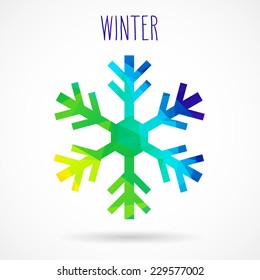 Colored abstract geometric snowflake with dropped shadow and handwritten word 'Winter'.