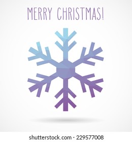 Colored abstract geometric snowflake with dropped shadow and handwritten Christmas greetings.
