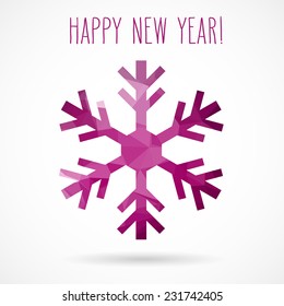 Colored abstract geometric snowflake with dropped shadow and handwritten new year greetings.