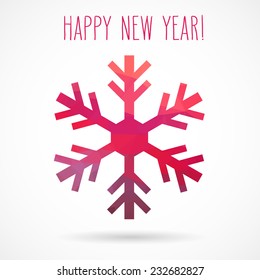 Colored abstract geometric snowflake with dropped shadow and handwritten new year greetings.