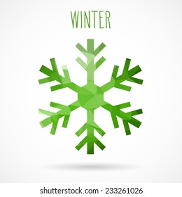 Colored abstract geometric snowflake with dropped shadow and handwritten word 'Winter'.
