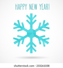 Colored abstract geometric snowflake with dropped shadow and handwritten new year greetings.