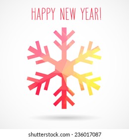 Colored abstract geometric snowflake with dropped shadow and handwritten new year greetings.