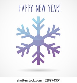 Colored abstract geometric snowflake with dropped shadow and handwritten new year greetings.