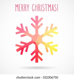 Colored abstract geometric snowflake with dropped shadow and handwritten Christmas greetings.