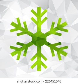 Colored abstract geometric snowflake over triangular background.