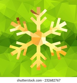 Colored abstract geometric snowflake over triangular background.