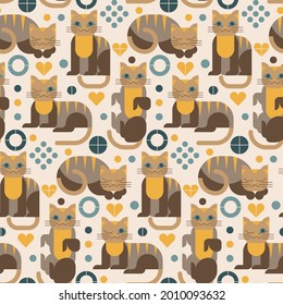 Colored Abstract geometric vector seamless pattern. Cubism character cats. Cute kitten. Fashion modern style. Endless fabric print.	
