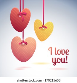 Colored abstract hearts on the ribbons. Retro background of colorful design with hearts and shadows.