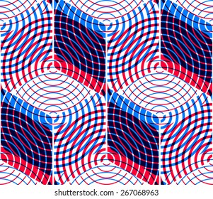 Colored abstract interweave geometric seamless pattern, EPS10. Bright illusory backdrop with three-dimensional intertwine figures. Graphic vector covering.