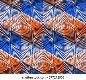Colored abstract interweave geometric seamless pattern, EPS10. Bright illusory backdrop with three-dimensional intertwine figures. Graphic contemporary covering.