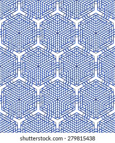 Colored abstract interweave geometric seamless pattern, EPS10. Bright illusory backdrop with three-dimensional intertwine figures. Graphic contemporary covering.