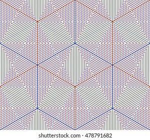 Colored abstract interweave geometric seamless pattern, EPS10. Bright illusory backdrop with three-dimensional intertwine figures. Graphic contemporary covering.