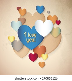 Colored abstract paper hearts. Retro background of colorful design with hearts and shadows.