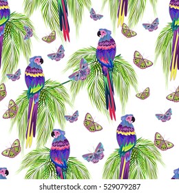 Colored abstract parrots and butterflies, seamless pattern