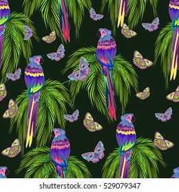 Colored abstract parrots and butterflies, seamless pattern